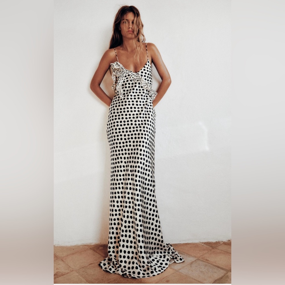 Ruffled satin effect polka dot dress ZARA, size small